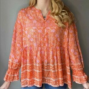 RD and KoKo Vibrant Orange Floral Sheer Bohemian Blouse Size Large